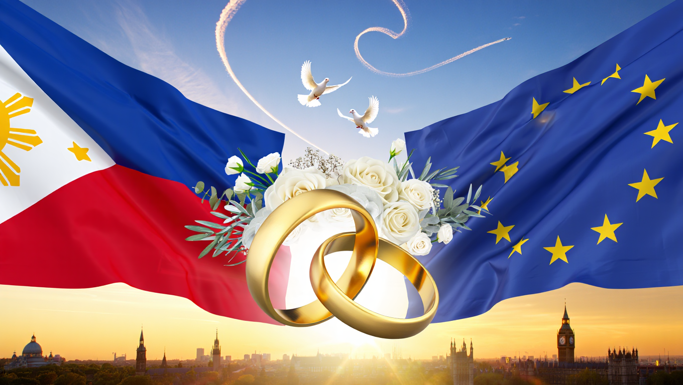 EU and Philippines flags with wedding rings